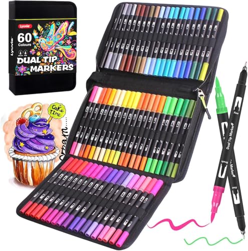 Lyuvie Filzstifte Set, 60 Farben Pinselstifte Aquarell Brush Pen Set für Kinder, 2 mm und 0,4 mm Pinselstifte und Fineliner Marker zum Zeichnen, farbiges Mandala, Sch von Lyuvie