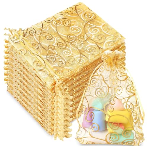 100 Stück Gold Organzasäckchen, Druck Organzasäckchen 9x12 cm Organza Säckchen mit Kordelzug, Schmuckbeutel Organzabeutel, Wiederverwendbar Geschenksäckchen Für Festival Party und Hochzeit, Satin-Kord von Lyxhag