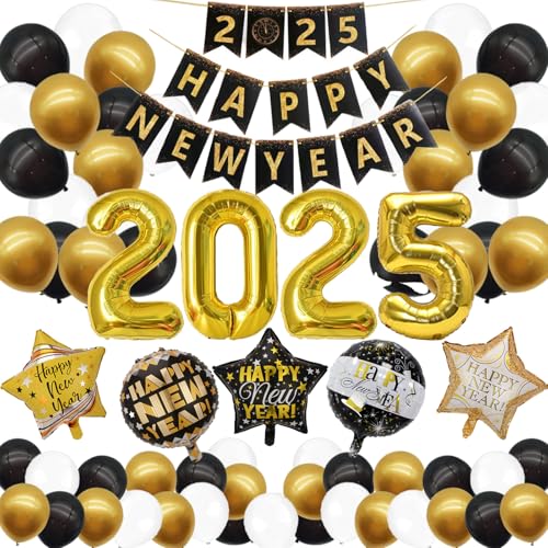 Silvester Deko Set 2025 - Schwarz Gold Neujahr Party Silvesterdeko, 2025 Folienballons, Happy New Year Banner, Neujahrsdeko Silvester Luftballons von LyximGss