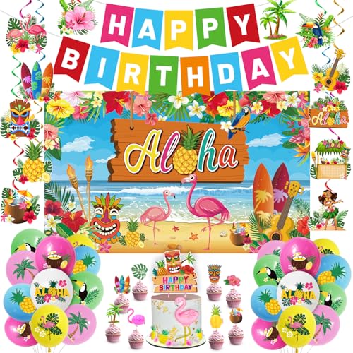 Aloha Beach Themed Party Dekorationen - Hawaii Luau Geburtstag Supplies mit Banner Hintergrund Cake Toppers Ballons für Tropische Sommer Pool Party von M AMFEOV