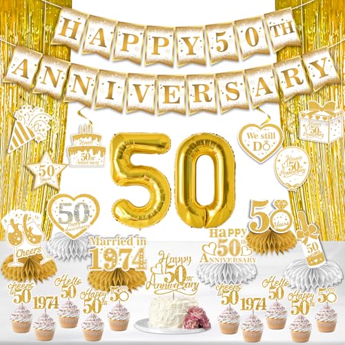 Banner "Happy 50th Anniversary", 29 Stück, Weißgold, Dekoration zum 50. Hochzeitstag, Tischdekoration zum 50. Hochzeitstag, Tafelaufsätze für Tische zum 50. Hochzeitstag, Tortenaufsatz, Gold von M AMFEOV