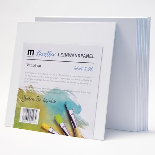 Leinwand Malkarton 10er-Set zum Bemalen 30x30cm - leere, weiße Malpappe aus 100% Baumwolle, 2-fach weiß grundiert und 3mm stark - Ideal zum Malen mit Acryl oder Ölfarbe für Profis, Kinder, Hobby von M MERCEO