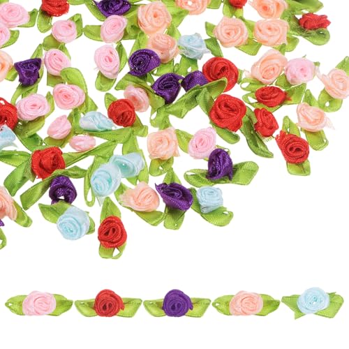 M METERXITY 100er-Pack Mini-Bandrosen, Mini-Stoffblumen mit grünen Blättern, kleines Satin für DIY/Party [Lila, Hellblau, Leuchtendes Rot, Rosa, Beige] von M METERXITY