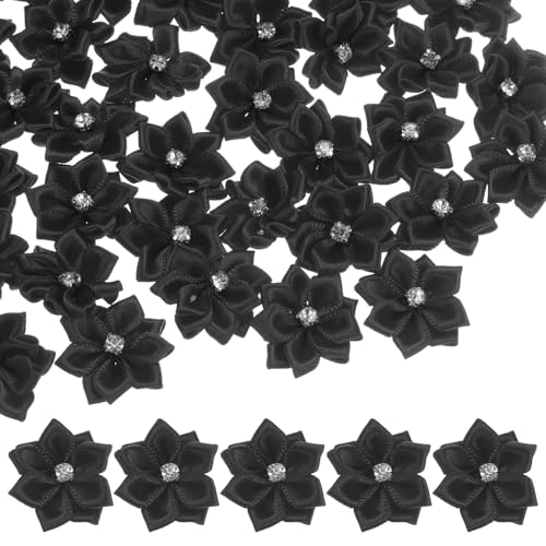 M METERXITY 150er-Pack Satinbandblumen, 1,2 Zoll Mini-Stoffblumen mit Strassblumenband-Applikationen für Bastelarbeiten DIY [Schwarz] von M METERXITY