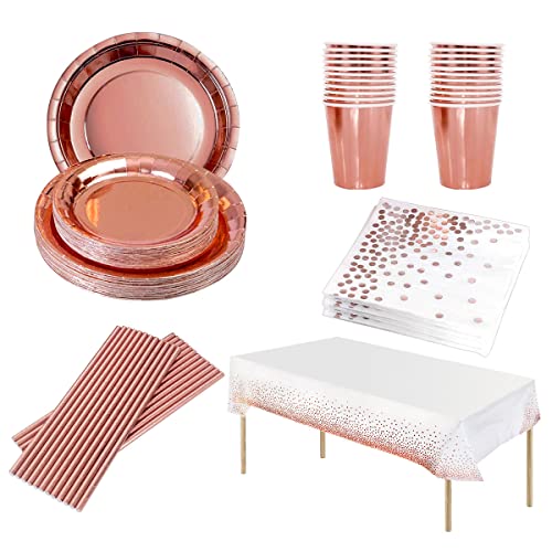 24 Gäste Rose und Gold Partygeschirr Set,Einweg Pappteller Servietten Tassen Stroh Tischdecke für Babys 1. 13. 18. Geburtstagsparty Brautdusche,Abschlussfeier,Cocktailparty Goldene Partyteller von M MUNCASO