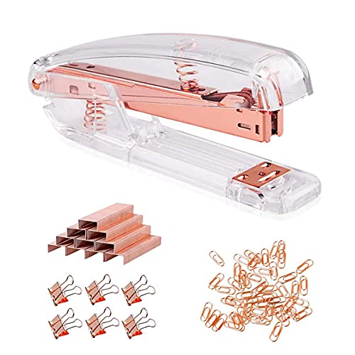 Acryl Desktop Hefter, Büro Tacker mit 1000 26/6 Heften, 6 Binder Clips,50 Büroklammern, Klammerloser Tacker Hefter, Schreibtisch Zubehör Kit für Home Office Schule (Hefter Roségold) von M MayJazz