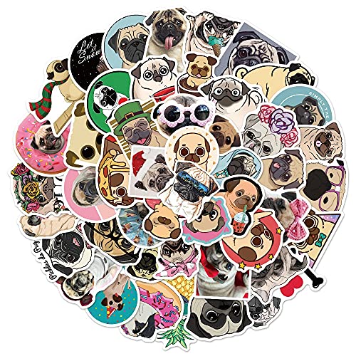 50 Stück/Packung Mops-Welpen-Hundeaufkleber, wasserdichte Vinyl-Anime-Aufkleber für Laptop, Wasserflasche, Gitarre, Reisegeschenk für Kinder, Teenager, Erwachsene, Mädchen, Jungen von MACEROES