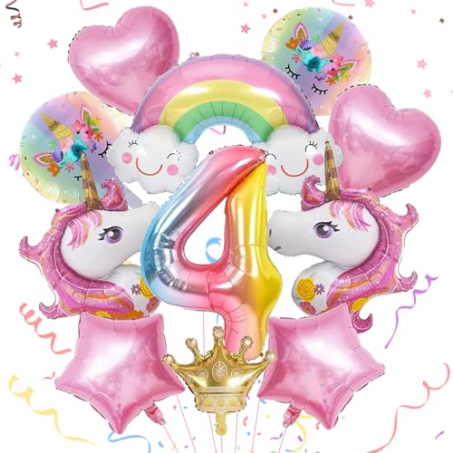 MACULPER Einhorn Luftballons 4 jahre Einhorn Deko Kindergeburtstag Folienballon Geburtstag Einhorn Regenbogen Deko Kindergeburtstag für 4 Jährige Mädchen von MACULPER