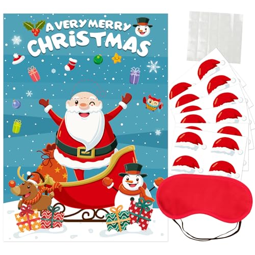 MACULPER Weihnachten Spiele für Kinder Pin The Hat On Santa Weihnachtsfeier Spiel Pin Wandaufkleber mit Aufklebern für Weihnachten Party und Kinder Geburtstag von MACULPER