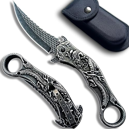 MADSMAUG Drache Klappmesser, 60HRC 9Cr18Mo KLINGE Klappmesser mit Scheide, coole Taschenmesser Geschenk Edc Messer für Männer im Freien Überleben Camping (schwarz) von MADSMAUG