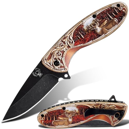 MADSMAUG Klappmesser, cool Taschenmesser mit 3D Sika-Hirsch Prägen Reliefgravur, gute Geschenk Edc Messer für Männer Outdoor Überleben Camping Wandern Jagdmesser (bunt) von MADSMAUG