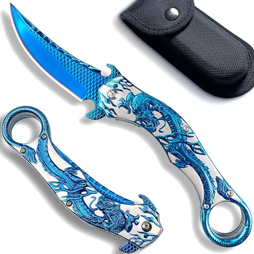 MADSMAUG blau Drache Klappmesser, 60HRC 9Cr18Mo KLINGE Klappmesser mit Scheide, coole Taschenmesser Geschenk Edc Messer für Männer im Freien Überleben Camping (blau) von MADSMAUG