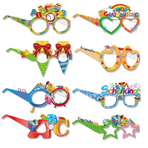 MAEXUS 8er Pack Schulanfang Deko, Schulanfang Schulkind Brille,Einschulung Deko Set,Mehrfarbige Einschulungsdeko Partybrille, für Kinder Party von MAEXUS