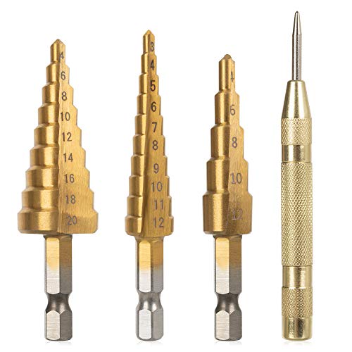 Maexus 4 Stück Stufenbohrer Metall, Stufenbohrer Set mit 3 Kegelbohrer & 1 Körner Durchschlag, Schälbohrer für Stahl, Holz, Kunststoff(Gold) von MAEXUS