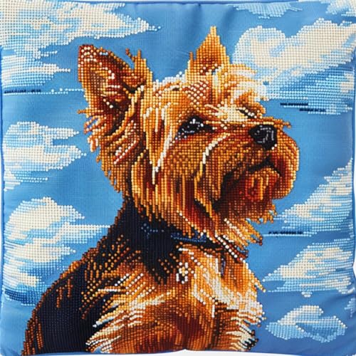 MAFANG 11CT Diy-Stickkissenbezüge-Set Yorkshire Terrier Und Himmel, Gezählte Kreuzstich-Sets Für Erwachsene, Stickset, Diy-Nadelarbeiten, Kissen-Sets, Urlaubsgeschenke B 45x45cm von MAFANG