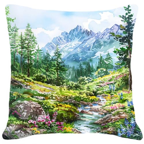 MAFANG 11CT Diy Stickset Kissenkreuzstichset „Wald, Berge, Flüsse, Landschaft“, Stickset Für Kissen Für Anfänger Zur Dekoration Von Wohnzimmer Und Schlafzimmer A 45x45cm von MAFANG