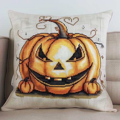 MAFANG 11CT Kreuzstich Kissen Set Halloween-Kürbis-Gestempeltes Kreuzstich-Set Für Erwachsene，Leinwand-Kissenbezug-Set，Diy-Stickerei – Mit Bedrucktem Stoff A 45x45cm von MAFANG