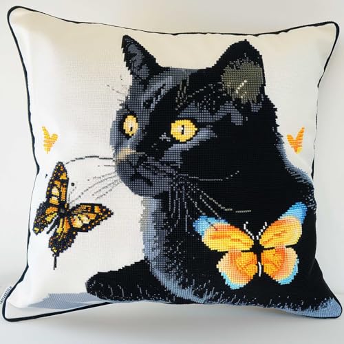 MAFANG 11CT Kreuzstich Kissen Set Kreuzstichset „Katze Und Schmetterling“，Stickpackungen Für Anfänger Mit Muster Und Anleitung A 45x45cm von MAFANG