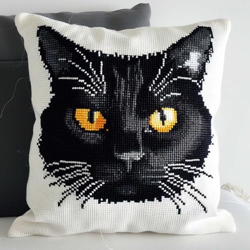 MAFANG 11CT Kreuzstich Kissen Set Schwarze Katze Tier Vorgedruckte Kreuzstich-Sets Für Erwachsene Diy-Stickset，Erwachsene Anfänger A 45x45cm von MAFANG