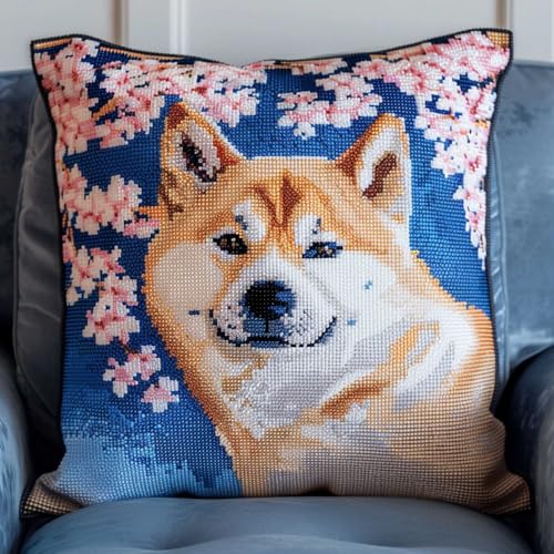 MAFANG 11CT Kreuzstich Kissen Set Shiba Inu Tiere Und Blumen Kreuzstich-Set，Stickerei-Starter-Set，Diy-Bastelset Für Erwachsene Zum Sticken A 45x45cm von MAFANG