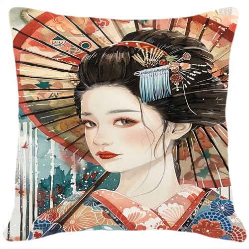 MAFANG 11CT Sticken Set Kreuzstich Kissen Stickset Für Kissen Mit Japanischer Geisha Und Landschaft Für Erwachsene. Stickgarn Und Anderes Kreuzstichzubehör Im Lieferumfang Enthalten. A 45x45cm von MAFANG