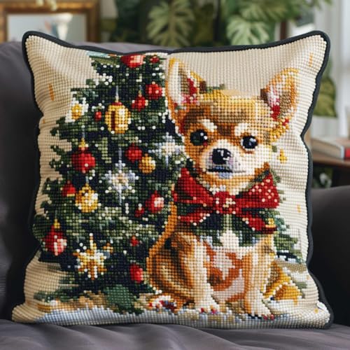 MAFANG 11CT Stickset Kissenbezug Chihuahua Hund Tier Kreuzstich Gedruckt Leinwand Kissen Stickerei Kits Diy Handarbeit Kissen Kits Home Dekoration A 45x45cm von MAFANG