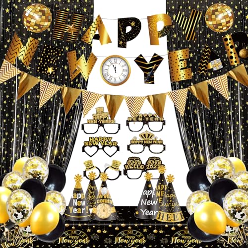 35 PCS Happy New Year Set Happy New Year Banner Flag Bunting Banner Foil Curtains New Year Tablecloth Black Gold Confetti Balloons New Year Party Hat Glasses NYE Eve Party Supplies von MAFENT