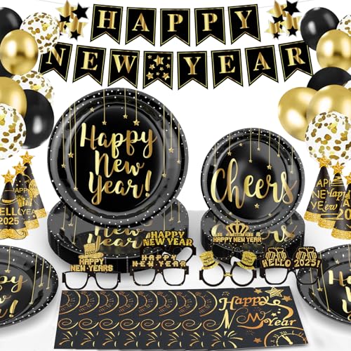 Silvester Party Supplies Set Happy New Year Banner Neujahr Pappteller Servietten Neujahr Hut Brille Schwarz Gold Konfetti Ballons für NYE Dekorationen von MAFENT