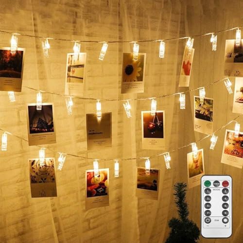 MAGGIFT 5M 40 LED Fotoclips Lichterkette Batterie Foto Clip Lichterketten mit Fernbedienung 8 Modi für Zimmer Innen Dekor Warmweiß Foto Lichterkette mit Klammern für Weihnachten Hochzeiten von MAGGIFT