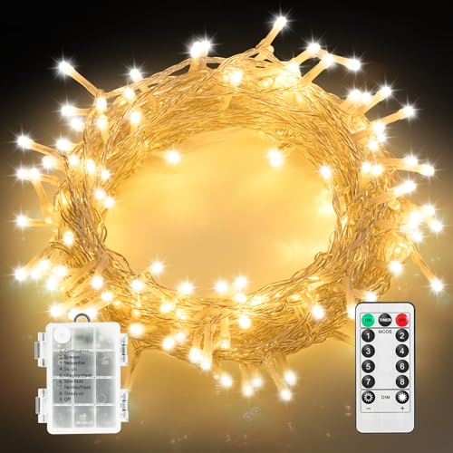 MAGGIFT LED Lichterkette Batterie mit Fernbedienung, 10M 100LED Draht Lichterkette mit Timer/8 Modi/Wasserdicht Außen Lichterketten für Weihnachtsdeko Innen Weihnachts Deko, Warmweiß von MAGGIFT