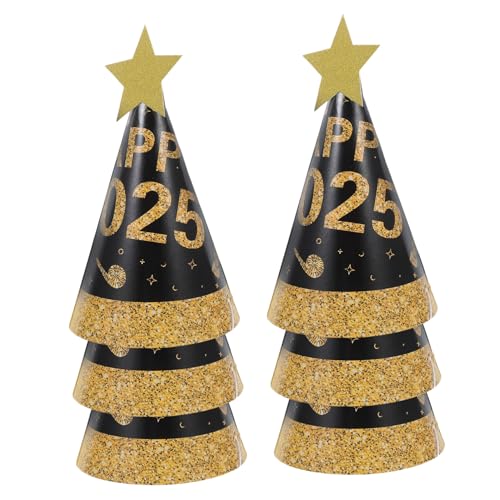 MAGICLULU 6 Stück Schwarz Goldener Papierhut Frohes Neues Jahr Partykegelhut Frohes Neues Jahr Partyhüte Neujahrsdekorationen 2024 Sternkegel Silvesterhüte Silvesterpartyhüte 2025 von MAGICLULU