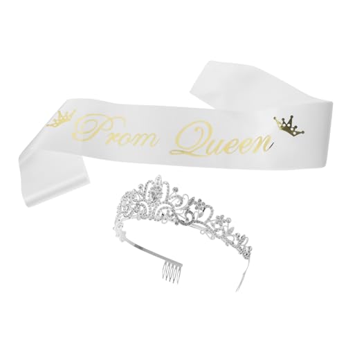 MAGICLULU Abschlussdekorationsset Auszeichnungen verstauen Tiara-Krone Braut- abschlussgeschenk party sachen hochzeitsgeschenk stirnband Abschlussballkrone Prom Queen Satinschärpe Gurt Weiß von MAGICLULU