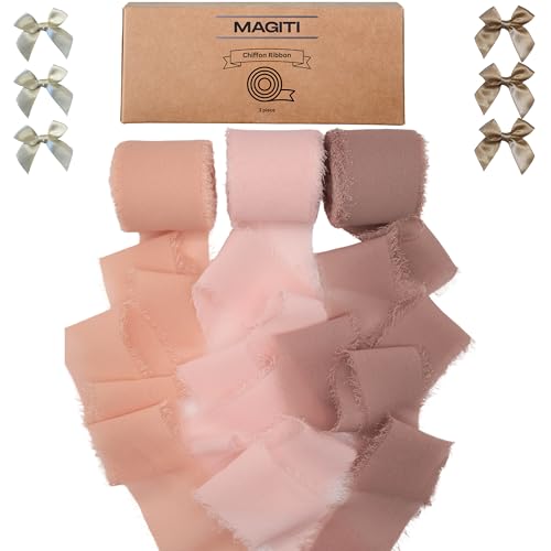 MAGITI Chiffonband, 1,5 x 21 m, ausgefranste Kanten, Geschenkverpackung, Hochzeitseinladung, Geschenk, Babyparty, Braut, Braun, Rot, Rosa von MAGITI