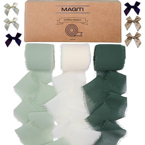 MAGITI Chiffonband, 1,5 x 21 m, ausgefranste Kanten, Geschenkverpackung, Hochzeitseinladung, Geschenk, Babyparty, Braut (Set 3 Stück, Dunkelgrün-Weiß-Grün) von MAGITI