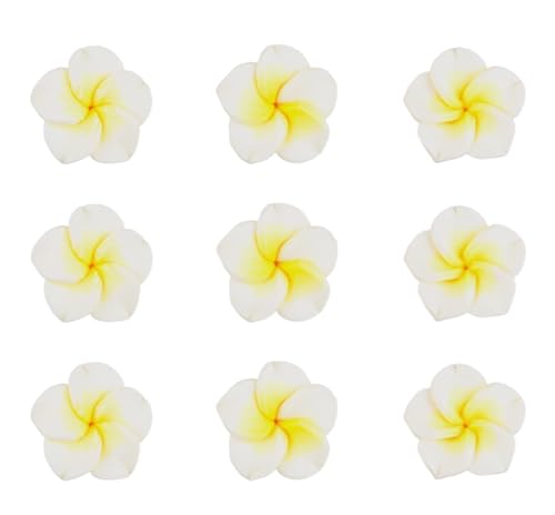 MAHAVIMOKSA 50 Stück 20 mm Polymer-Ton-Plumeria-Blumen-Perlen, hawaiianische Frangipani-Blumen für Heimwerker, Haare, Hüte, Hochzeit, Party (Gelb und Weiß) von MAHAVIMOKSA