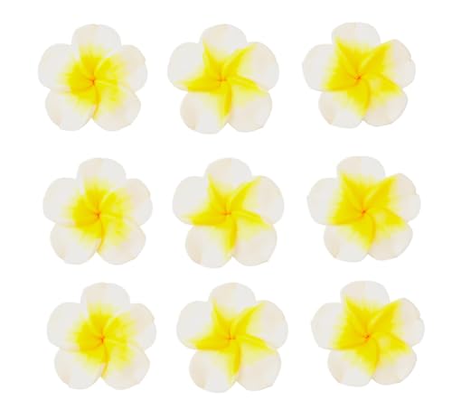 MAHAVIMOKSA Plumeria-Blumen-Perlen, 35 mm, hawaiianische Frangipani-Blume für selbstgemachte Haare, Hüte, Hochzeit, Party, Gelb und Weiß, 20 Stück von MAHAVIMOKSA