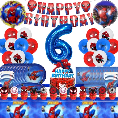 Thema Party Ballon Dekoration, 88 PCS Partygeschirr Kindergeburtstag, Kindergeburtstag Party Dekoration mit Luftballons, Banner, Tischdecke, Tortendeko, Servietten, Pappteller, Pappbecher (6 th) von MAIROX