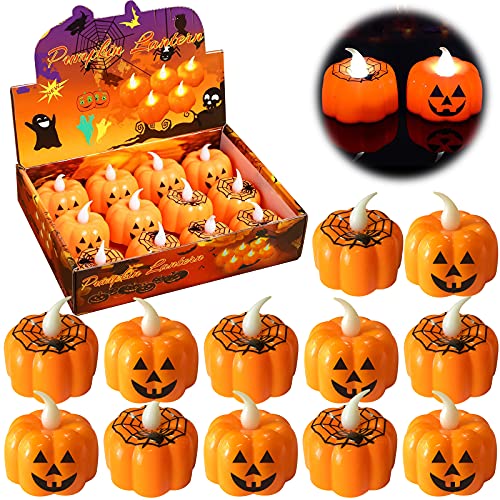 MAISITOO 12er Set LED Kerzen Halloween Deko,LED Teelichter Kürbis,LED-Teelichter,Flammenlose Flackern Kerze Pumpkin Licht Elektrische Batteriebetriebene Teelicht Deko für Halloween Dekorationen von MAISITOO