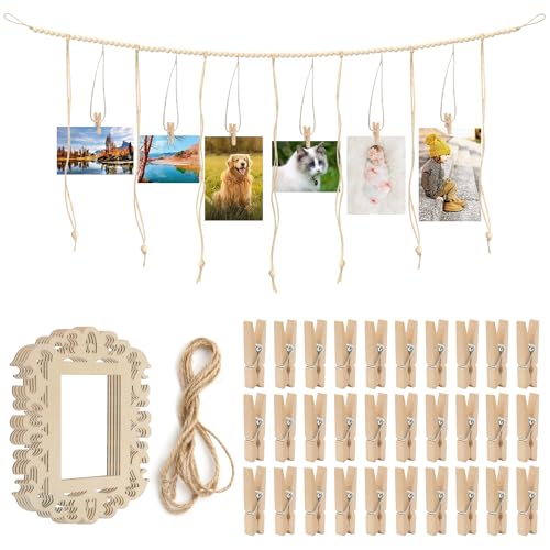 MAIXINNEW Fotoseil mit Klammern und Holz Papier Bilderrahmen (10x15cm), Fotoaufhängung Seil Wanddekoration, Foto Hängendes Seil mit Holzklammern für Hochzeit Party von MAIXINNEW