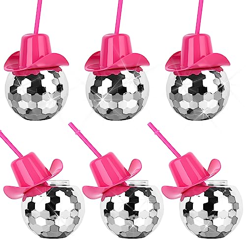 6 Stück Discokugel-Becher, silberfarben, kugelförmige Becher mit rosa Cowboyhut-Deckel und Strohhalm, Disco-Flash-Ball, Cocktailbecher, glitzernder Blitz, Teeflasche für Hochzeit, Partyzubehör von MAKCNMYM