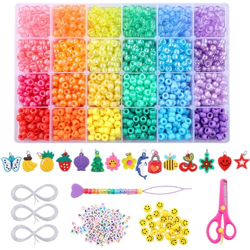 MAKERSLAND Pony-Perlen-Set, 24 Farben, Regenbogen-Kunststoff-Pony-Perlen, Herzperlen, elastische Schnur, Kandi-Perlen, Haarperlen für Zöpfe, niedlicher Charm, DIY, Basteln, Schmuckherstellungs-Set für von MAKERSLAND