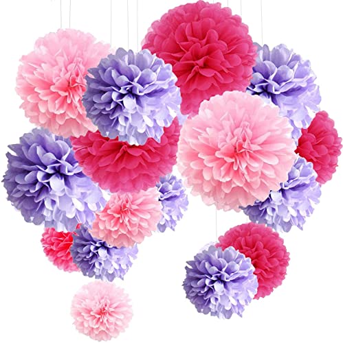 15 Stück Pompon Dekorationen Seidenpapier Pom Poms Papier Blume Ball für Hochzeit Festival Party Lila, Rosa und Rose (30,5 cm / 25 cm / 15,5 cm) von MAKFORT