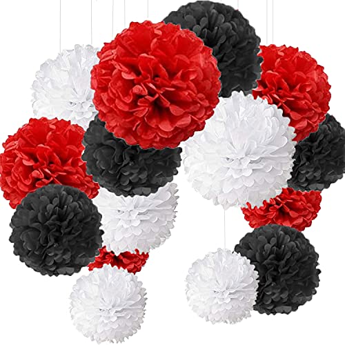 15 Stück Pompons, Seidenpapier, Blume, Bommel, zum Aufhängen, 15 Stück, Dekoration für Hochzeit, Party (Schwarz Rot Weiß) von MAKFORT