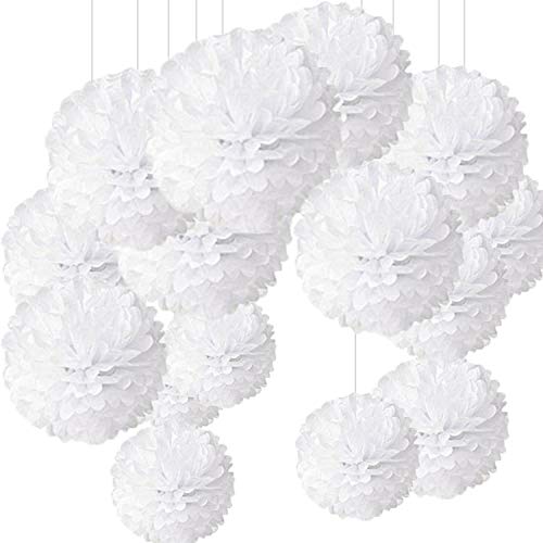 15er Set Pompoms Deko Bunt Seidenpapier Pompons für Hochzeit, Geburtstag, Alles Weiß von MAKFORT