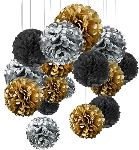 15er Set Pompoms Deko Bunt Seidenpapier Pompons für Hochzeit, Geburtstag, Party Gold Schwarz Silber von MAKFORT