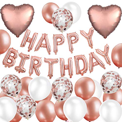 MAKFORT Geburtstag Deko Rosegold Happy Birthday Folienballons Girlande mit Konfetti Luftballons Roségold Für Geburtstag Partydeko Mädchen und Frauen von MAKFORT