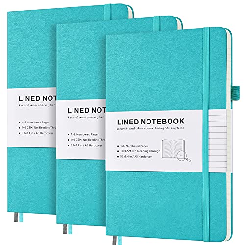 3er-Pack Liniertes Notizbuch, Hardcover-Notizbuch mit nummerierten Seiten und Indexinhalt, 2 Innentaschen, 2 Lesezeichen Rib 100 GSM dickes Papier A5 Gefüttertes Notizheft (Blaugrün) von MALEDEN