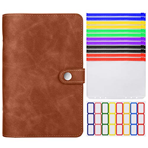 6 Löcher Loseblatt Notizbuch, Binder Notebook aus PU Leder mit 12 Stück A6 PVC Binderumschlägen Etikettenaufklebern Binder Notizbuch Ringbuchordner, Braun von MALEDEN