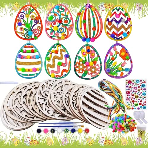 MALNDTK 24Pcs Holzanhänger Ostern zum Bemalen,Holz Ostereier zum Bemalen Kinder, Kommt mit Seil, Acrylfarbe Stift und kreative Aufkleber,Geeignet für Ostern handgemachte Dekoration von MALNDTK