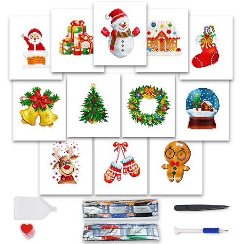 12 Stück Mini Diamond Painting Weihnachten, 5D Weihnachten Diamant Painting Bastelset Kinder, Xmas Diamant Painting Bilder Weihnachtsmann Deko für Home Weihnachtsde, 15x18 cm, ohne Bilderrahmen von MAMACHU